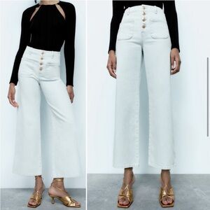 NWT Zara Z1975 High Waist Wide Leg Cropped Denim Jeans with Buttons Light Blue